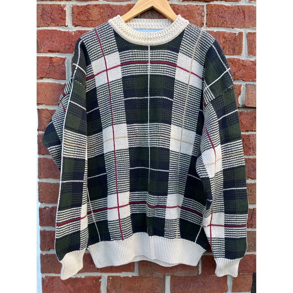 Woods & Gray Mens Large Plaid Cotton Crewneck Sweater Green Blue Cream Vintage